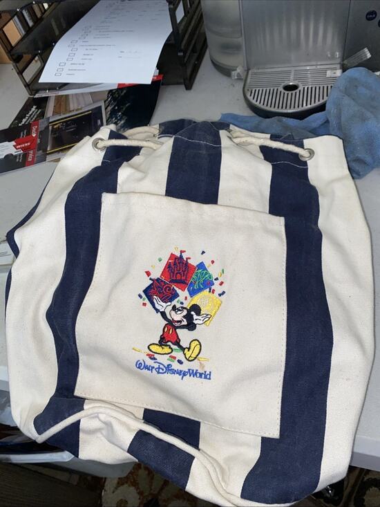 Disney Accessories - Vintage Walt Disney World Mickey Mouse Canvas Backpack Tote Drawstring Bag Beach